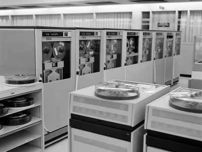 Office Interior With Rows of Large Computer Disk Drive Machines