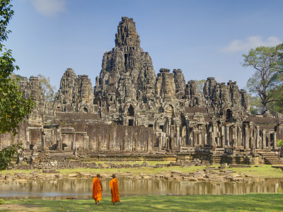 Monks Looking at Bayon Temple, Angkor, Siem Reap, Cambodia