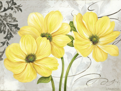 Flower art: Contemporary Yellow flowers and damask painting - art print poster wall decor