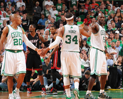 Miami Heat v Boston Celtics - Game Four, Boston, MA - MAY 9: Ray Allen, Paul Pierce and Kevin Garne