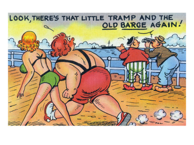 Comic Cartoon - Thin and Fat Ladies Walking on Dock; Little Tramp and Old Barge
