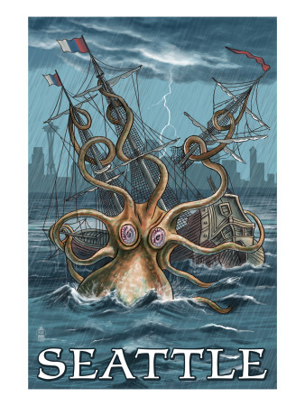 Kraken Attacking Ship - Seattle Posters