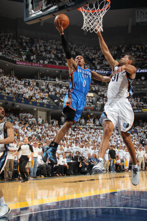 Oklahoma City Thunder v Memphis Grizzlies - Game Four, Memphis, TN - MAY 9: Russell Westbrook and S