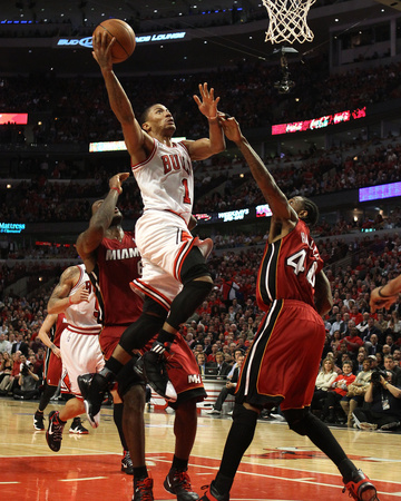 Miami Heat v Chicago Bulls - Game Two, Chicago, IL - MAY 18: Derrick Rose and Udonis Haslem Poster