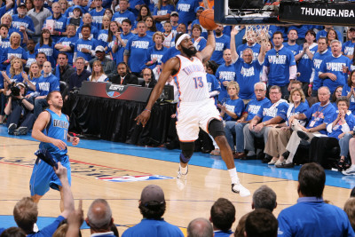 Dallas Mavericks v Oklahoma City Thunder - Game Three, Oklahoma City, OK - MAY 21: James Harden and Poster