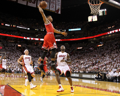Buy Chicago Bulls v Miami Heat - Game Four, Miami, FL - MAY 24: Derrick Rose, LeBron James and Mike Bib at AllPosters.com