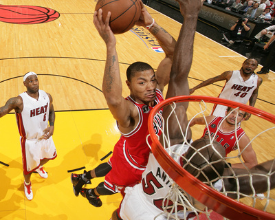 Buy Chicago Bulls v Miami Heat - Game Four, Miami, FL - MAY 24: Derrick Rose and Joel Anthony at AllPosters.com