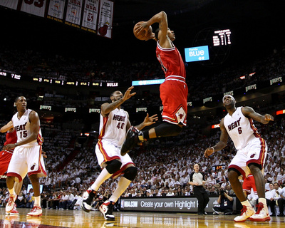 Chicago Bulls v Miami Heat - Game Four, Miami, FL - MAY 24: Derrick Rose, LeBron James, Mario Chalm Poster