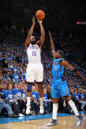 Dallas Mavericks v Oklahoma City Thunder - Game Three, Oklahoma City, OK - MAY 21: James Harden and