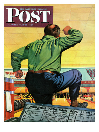 Buy "Bowling a Split," Saturday Evening Post Cover, January 6, 1945 at AllPosters.com