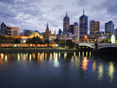 Australia, Victoria, Melbourne; Yarra River and City Skyline by Night