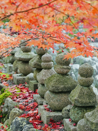 Asia, Japan; Kyoto, Sagano, Arashiyama, Adashino Nenbutsu Dera Temple, Stone Lanterns