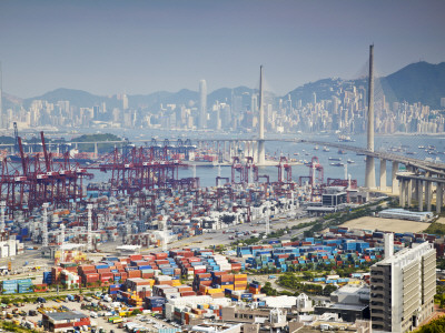 Stonecutters Bridge and Container Port with Hong Kong Island in Background, Hong Kong, China