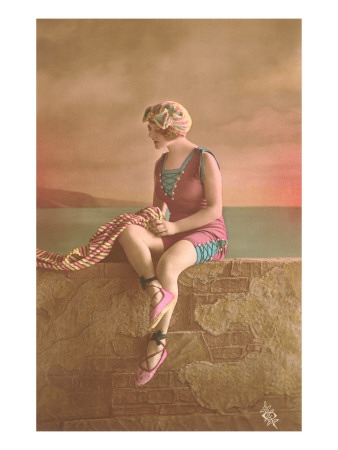 Woman in Extensive Bathing Suit with Ballet Slippers