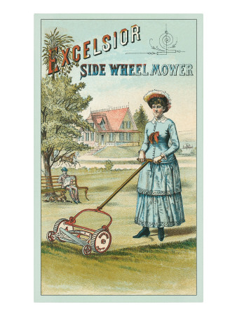 Glum Victorian Lady with Lawnmower