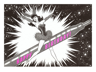 Retroline Lady Riding Rocket, Happy Birthday