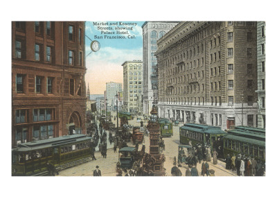 Looking north along Market Street to the Ferry Building in San Francisco c. 1870s.