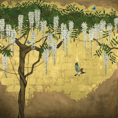 Wisteria with House Finch Art Print