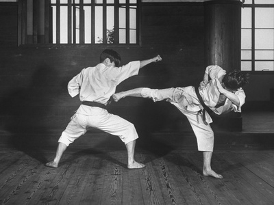 Japanese Karate Students Demonstrating Fighting