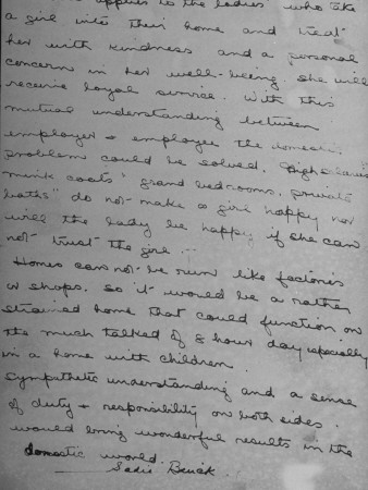 A Written Letter by Servant Sadie Buick About Domestic Services