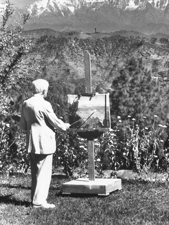 Himalayan Buddhist Hermit Artist Earl H. Brewster from Ohio, Painting the Horizon on His Canvas