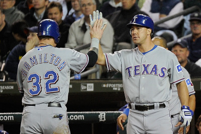 Texas Rangers v Detroit Tigers - Game Four, Detroit, MI - Oct. 12: Josh Hamilton and David Murphy Poster