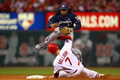 Milwaukee Brewers v Cardinals - G. Five, St Louis, MO - Oct. 14: Rickie Weeks and Matt Holliday Poster