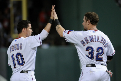 Detroit Tigers v Texas Rangers - Game Six, Arlington, TX - Oct. 15: Michael Young and Josh Hamilton Poster