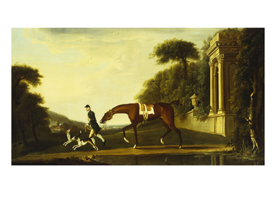 A Chestnut Hunter Being Led by a Groom with Two Hounds Outside a Country Estate