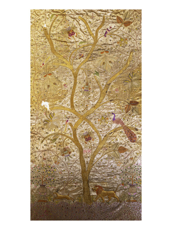 A Wall Hanging of Red Silk, Embroidered with a Tree of Life in Gilt Thread and Silks