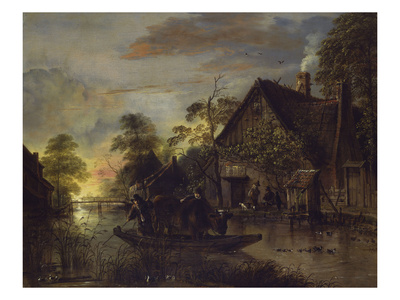 A River Landscape with Peasants Ferrying a Bull, Peasants by a Cottage Beyond