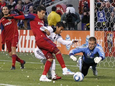 Sandy, UT March 26 - A.J. DeLaGarza, Javier Morales and Josh Saunders