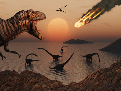 A Mighty T. Rex Roars from Overhead as a Giant Fireball Falls from the Sky