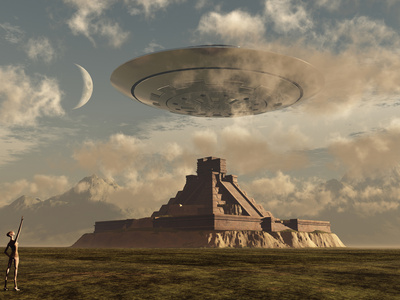 Buy A Reptoid Greets an Incoming Flying Saucer Above a Pyramid. at AllPosters.com