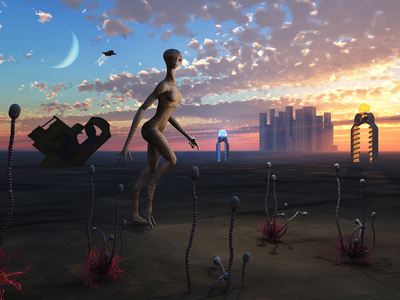 A Female Reptoid Being Takes an Evening Stroll on Her Native Homeworld