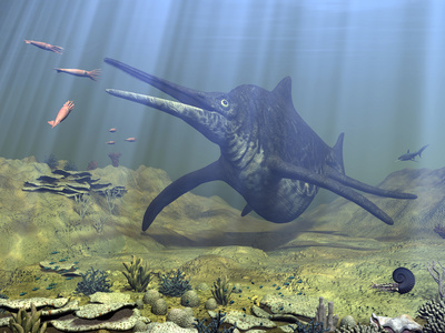 A Massive Shonisaurus Attempts to Make a Meal of a School of Squid-Like Belemnites