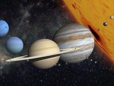 The Planets and Larger Moons to Scale with the Sun