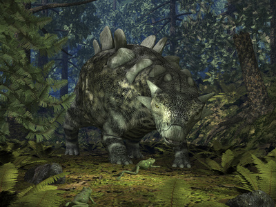 A Crichtonsaurus Crosses Paths with a Pair of Frogs Within a Cretaceous Forest