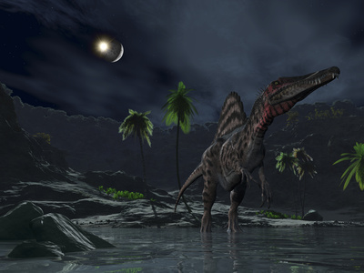 An Asteroid Impact on the Moon While a Spinosaurus Wanders in the Foreground