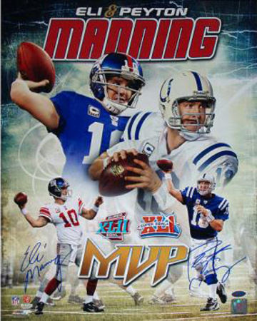 Peyton & Eli Manning Dual Autographed Super Bowl MVPs Vertical Photograph Collage Poster