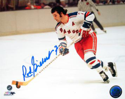 Rod Gilbert Autographed New York Rangers White Jersey Horizontal Photograph