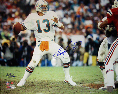Dan Marino Autographed Miami Dolphins Home Jersey Dropping Back to Pass Horizontal Photograph - Sig Poster