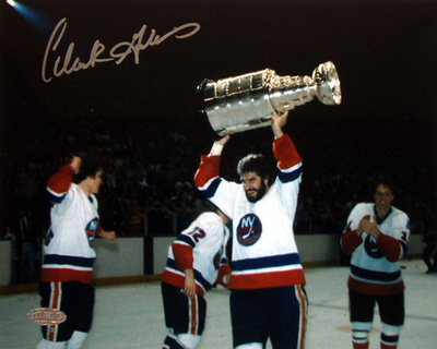 Clark Gillies Autographed Holding Cup Over Head Horizontal Photograph Poster