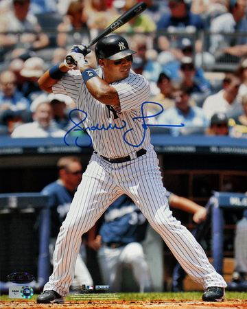 Andruw Jones Autographed NY Yankees Home Jersey At Bat Vertical Photo
