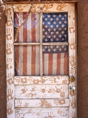 Door Decorated with Handprints and United States Flag Curtain