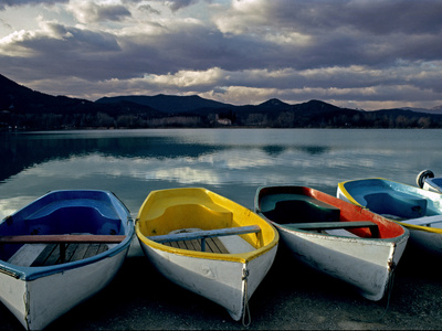 Buy Boats on the Shore of Lake Banyoles at Sunset at AllPosters.com
