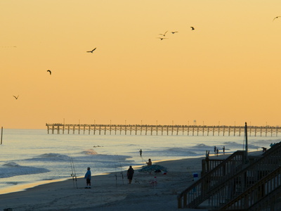 Buy Birds Soaring over Silhouetted Beach Fishermen at Twilight at AllPosters.com