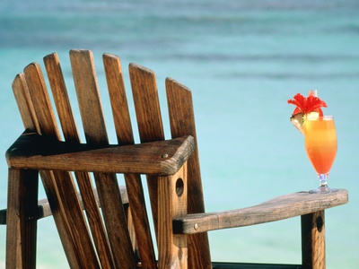 Seychelles, Denis Island, beach chair and fruit cocktail Posters