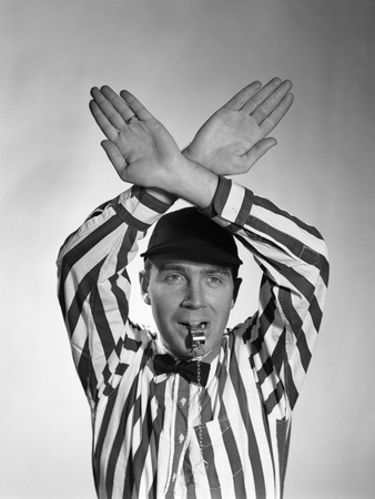 1950s Football Referee Making Hand Signal Time Out Blowing Whistle