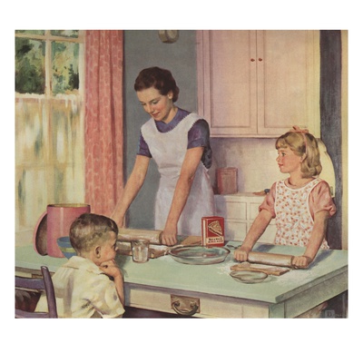 Illustration of Mother and Daughter Baking Together by Douglass Crockwell